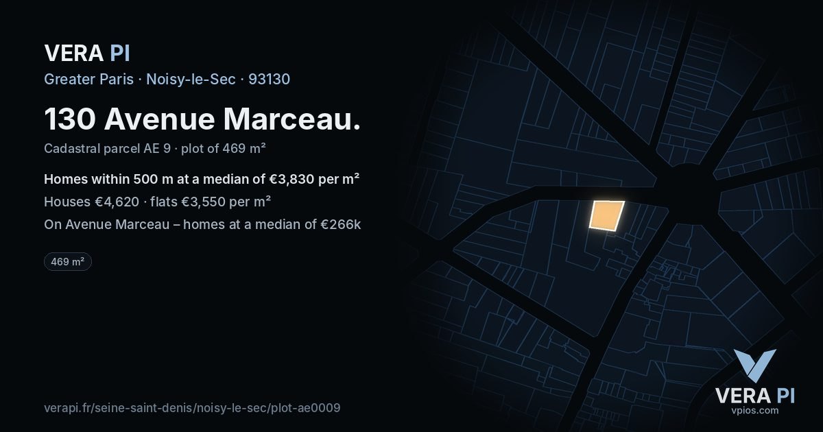 130 Avenue Marceau, Noisy-le-Sec at night – the plot lit, the parcels around coloured by the prices near them