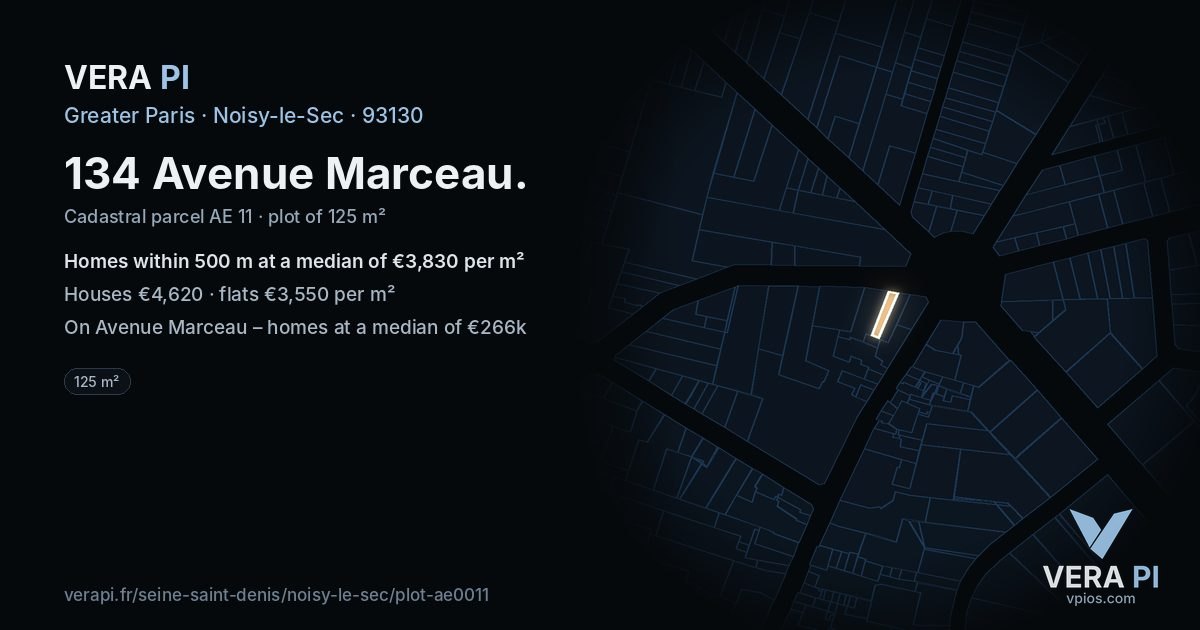 134 Avenue Marceau, Noisy-le-Sec at night – the plot lit, the parcels around coloured by the prices near them