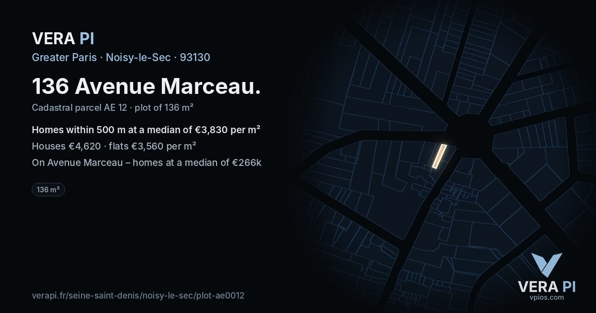 136 Avenue Marceau, Noisy-le-Sec at night – the plot lit, the parcels around coloured by the prices near them