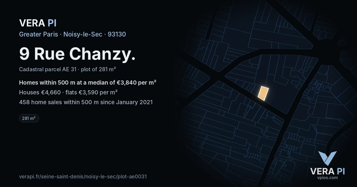 9 Rue Chanzy, Noisy-le-Sec at night – the plot lit, the parcels around coloured by the prices near them