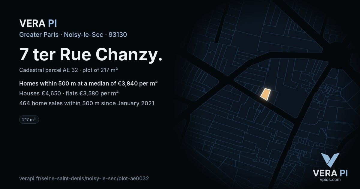 7 ter Rue Chanzy, Noisy-le-Sec at night – the plot lit, the parcels around coloured by the prices near them