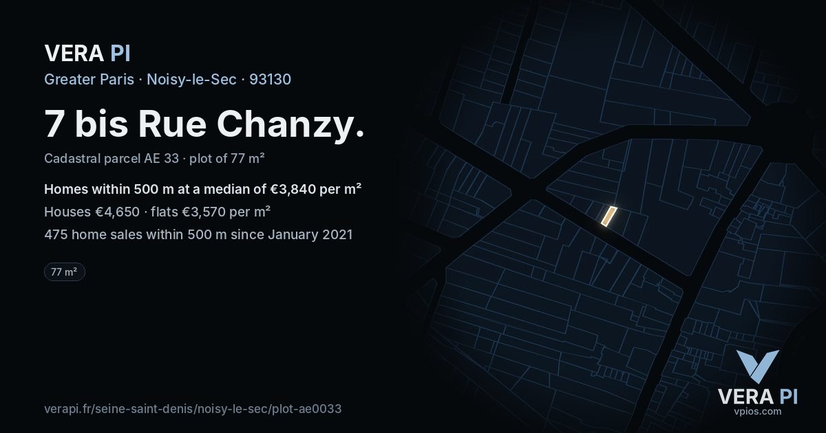 7 bis Rue Chanzy, Noisy-le-Sec at night – the plot lit, the parcels around coloured by the prices near them