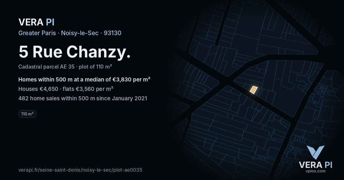 5 Rue Chanzy, Noisy-le-Sec at night – the plot lit, the parcels around coloured by the prices near them
