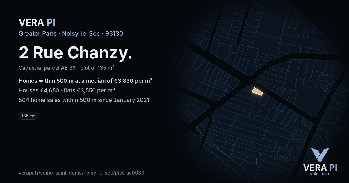 2 Rue Chanzy, Noisy-le-Sec at night – the plot lit, the parcels around coloured by the prices near them