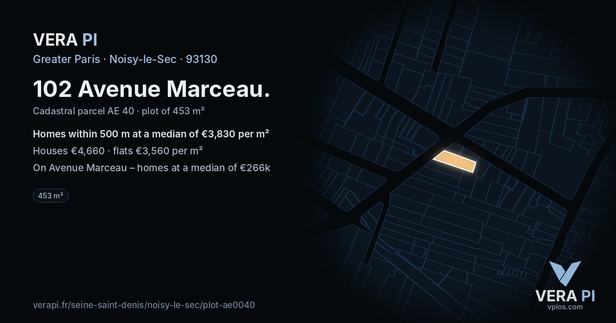 102 Avenue Marceau, Noisy-le-Sec at night – the plot lit, the parcels around coloured by the prices near them