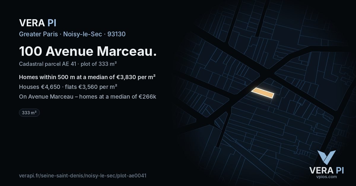 100 Avenue Marceau, Noisy-le-Sec at night – the plot lit, the parcels around coloured by the prices near them