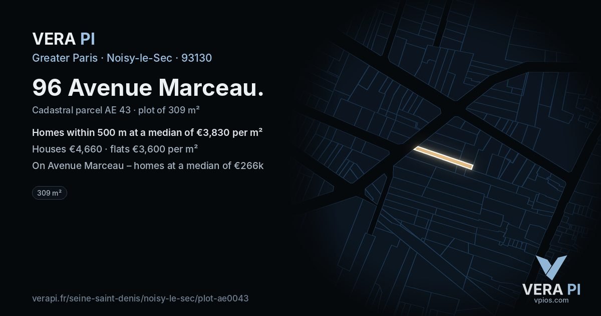 96 Avenue Marceau, Noisy-le-Sec at night – the plot lit, the parcels around coloured by the prices near them