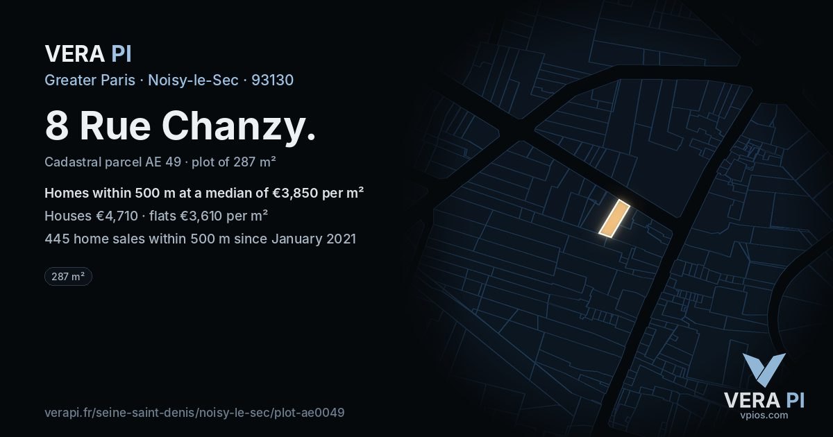 8 Rue Chanzy, Noisy-le-Sec at night – the plot lit, the parcels around coloured by the prices near them