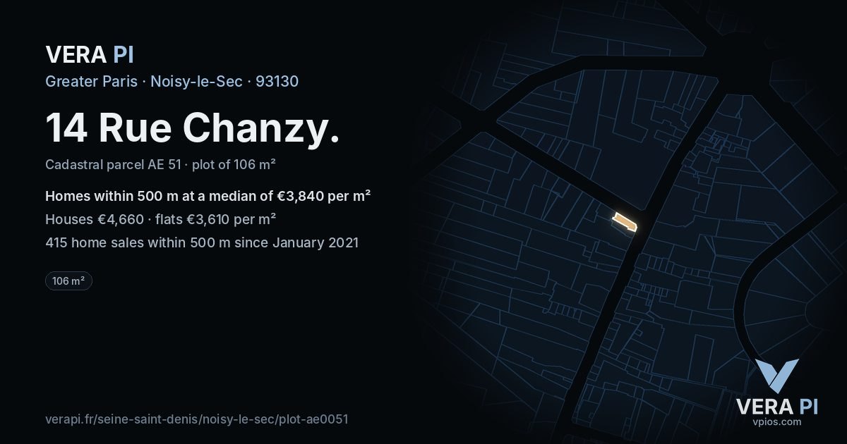 14 Rue Chanzy, Noisy-le-Sec at night – the plot lit, the parcels around coloured by the prices near them