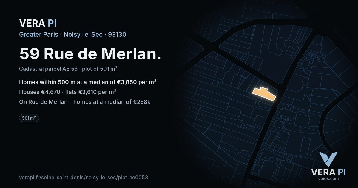 59 Rue de Merlan, Noisy-le-Sec at night – the plot lit, the parcels around coloured by the prices near them