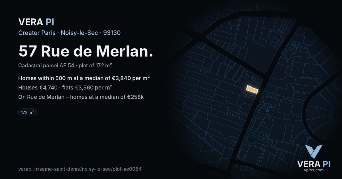 57 Rue de Merlan, Noisy-le-Sec at night – the plot lit, the parcels around coloured by the prices near them