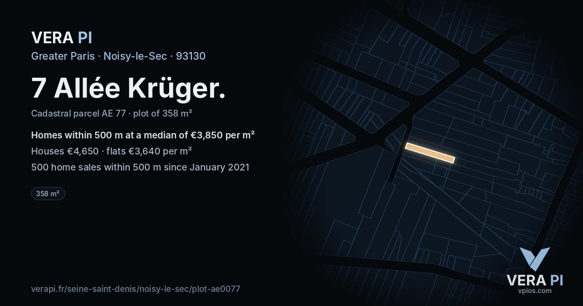 7 Allée Krüger, Noisy-le-Sec at night – the plot lit, the parcels around coloured by the prices near them