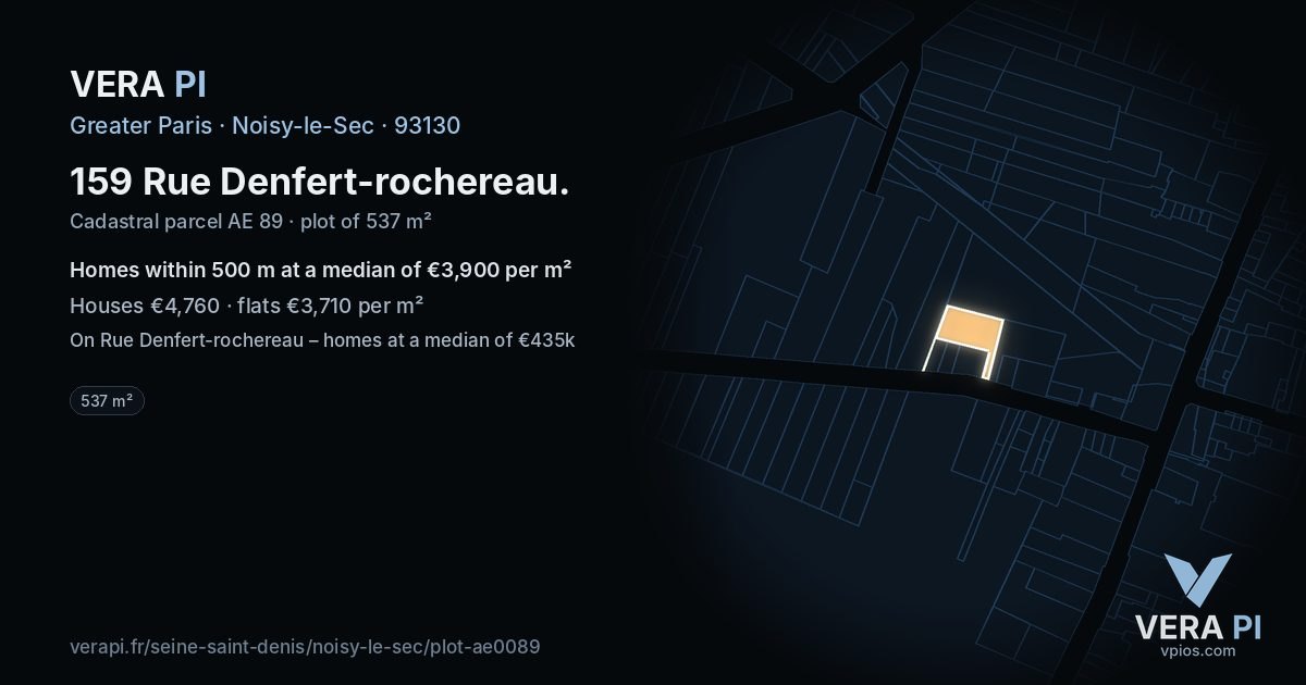 159 Rue Denfert-rochereau, Noisy-le-Sec at night – the plot lit, the parcels around coloured by the prices near them