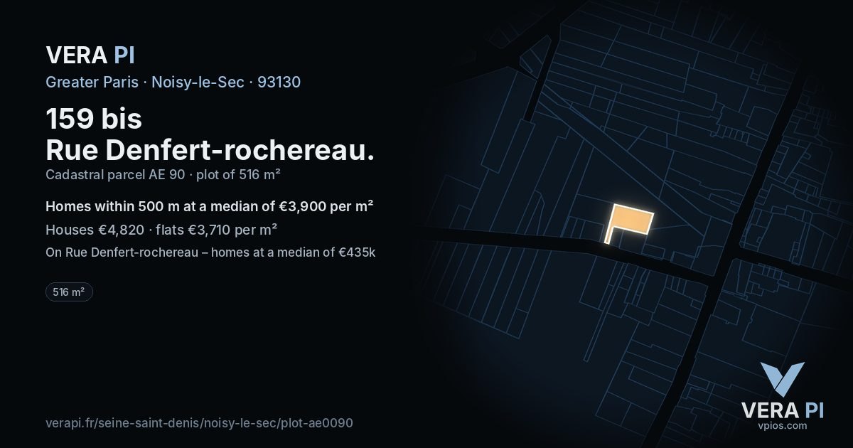 159 bis Rue Denfert-rochereau, Noisy-le-Sec at night – the plot lit, the parcels around coloured by the prices near them