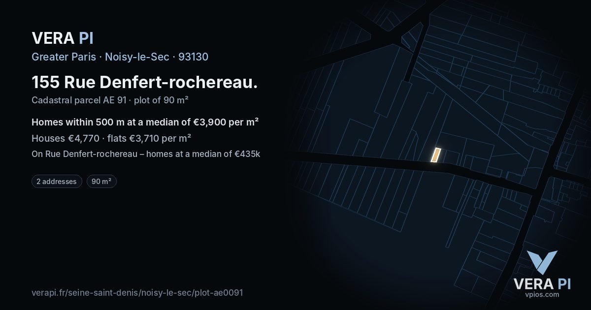 155 Rue Denfert-rochereau, Noisy-le-Sec at night – the plot lit, the parcels around coloured by the prices near them