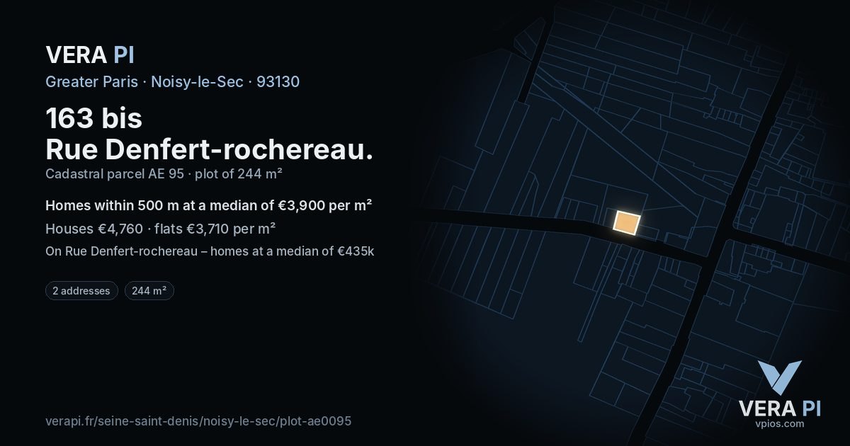 163 bis Rue Denfert-rochereau, Noisy-le-Sec at night – the plot lit, the parcels around coloured by the prices near them