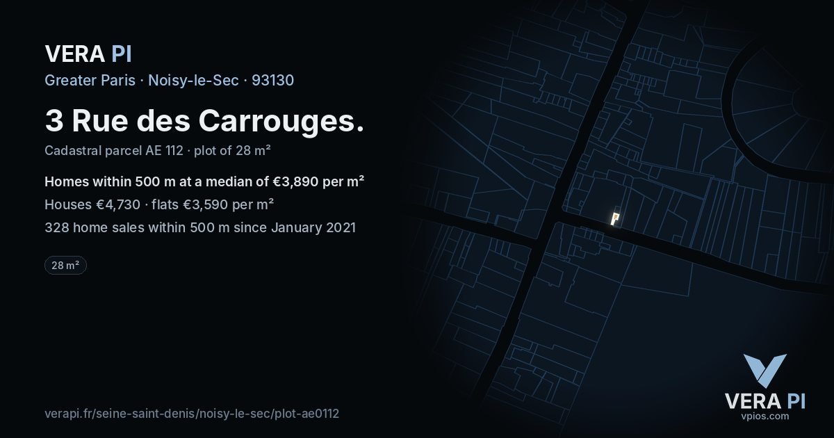 3 Rue des Carrouges, Noisy-le-Sec at night – the plot lit, the parcels around coloured by the prices near them