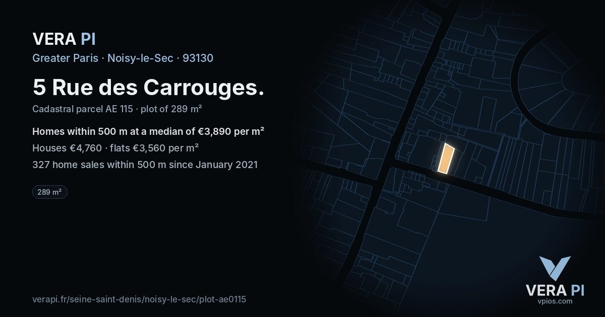 5 Rue des Carrouges, Noisy-le-Sec at night – the plot lit, the parcels around coloured by the prices near them