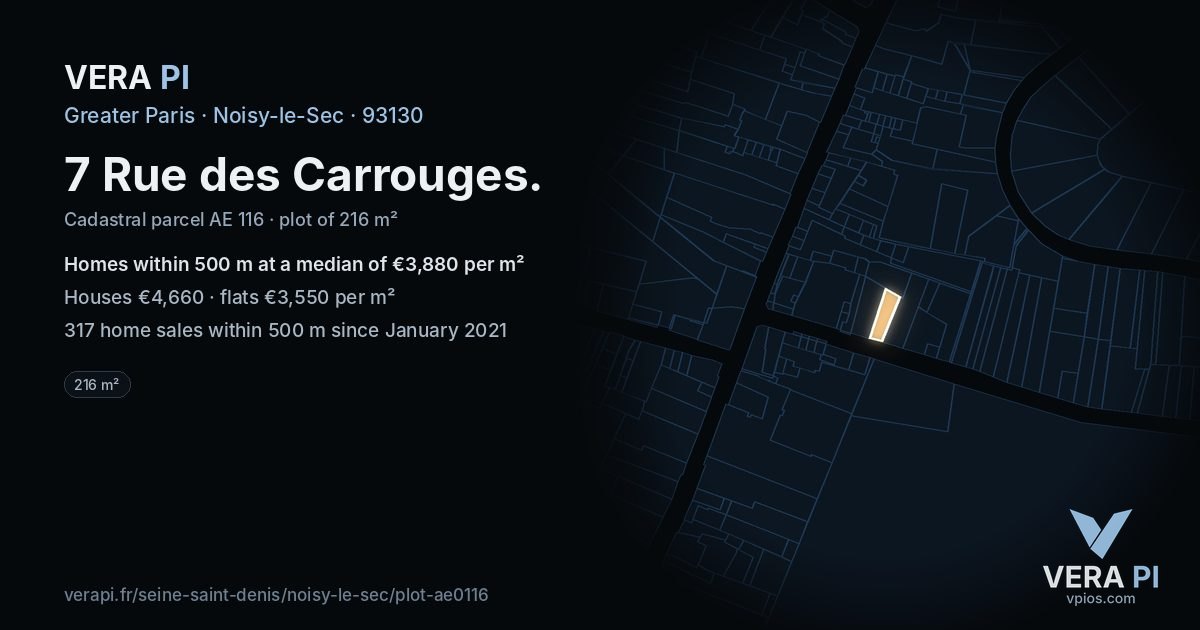 7 Rue des Carrouges, Noisy-le-Sec at night – the plot lit, the parcels around coloured by the prices near them