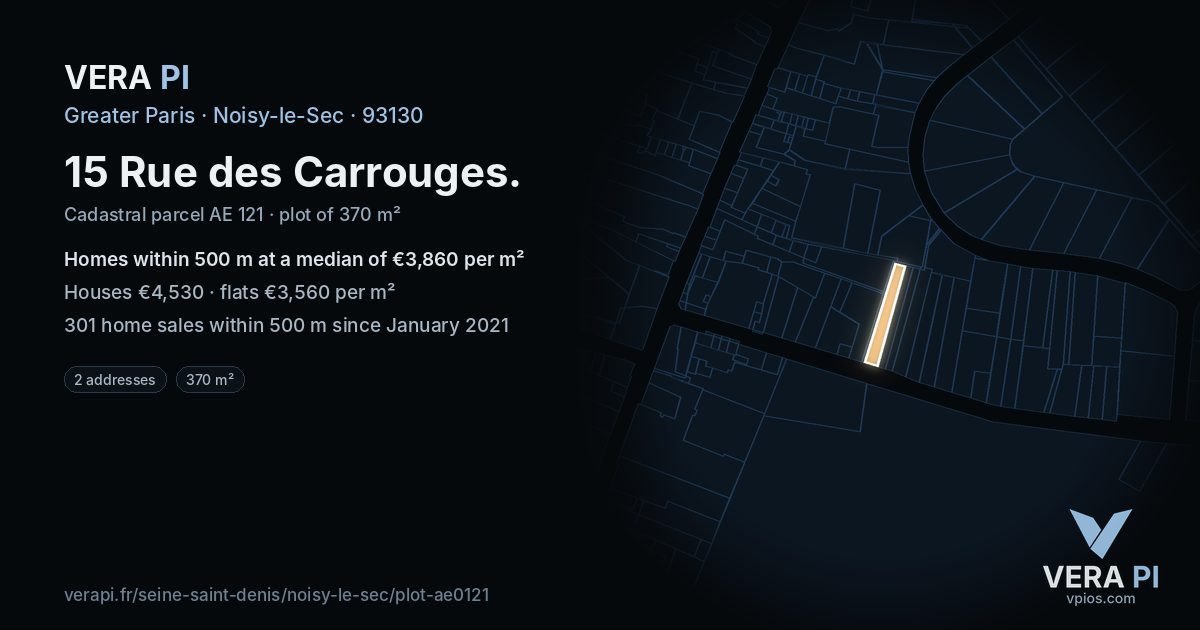 15 Rue des Carrouges, Noisy-le-Sec at night – the plot lit, the parcels around coloured by the prices near them