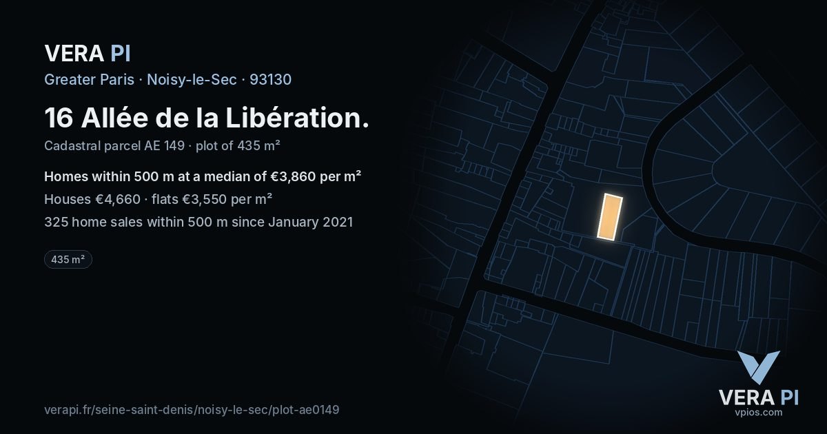 16 Allée de la Libération, Noisy-le-Sec at night – the plot lit, the parcels around coloured by the prices near them