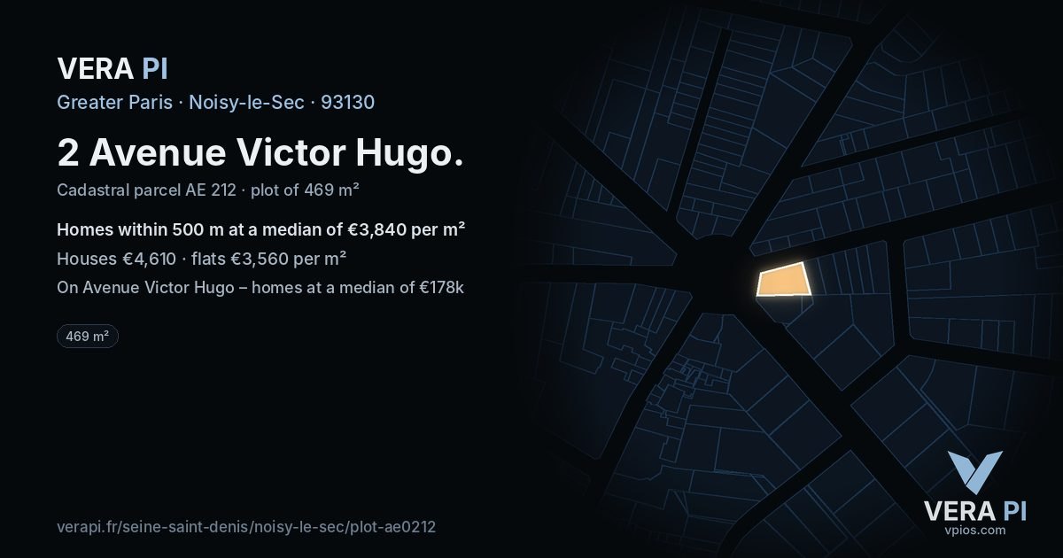 2 Avenue Victor Hugo, Noisy-le-Sec at night – the plot lit, the parcels around coloured by the prices near them