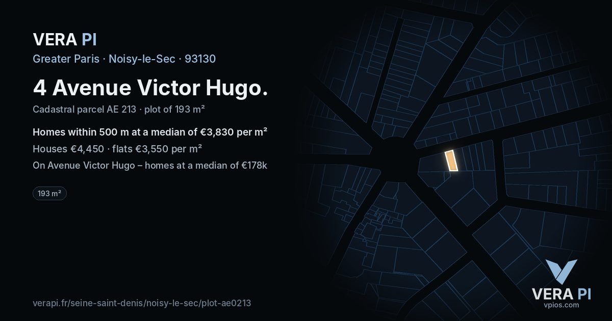 4 Avenue Victor Hugo, Noisy-le-Sec at night – the plot lit, the parcels around coloured by the prices near them