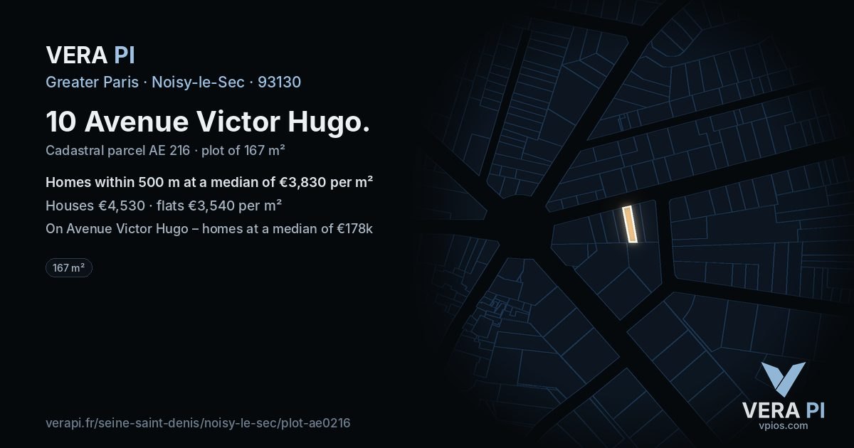 10 Avenue Victor Hugo, Noisy-le-Sec at night – the plot lit, the parcels around coloured by the prices near them