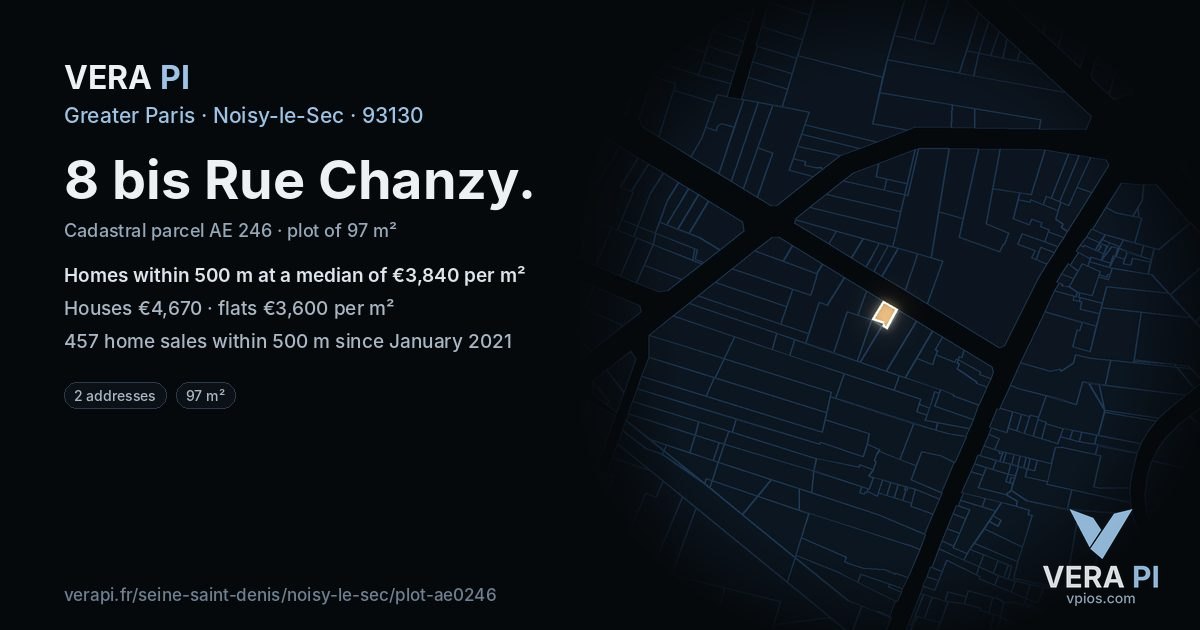 8 bis Rue Chanzy, Noisy-le-Sec at night – the plot lit, the parcels around coloured by the prices near them