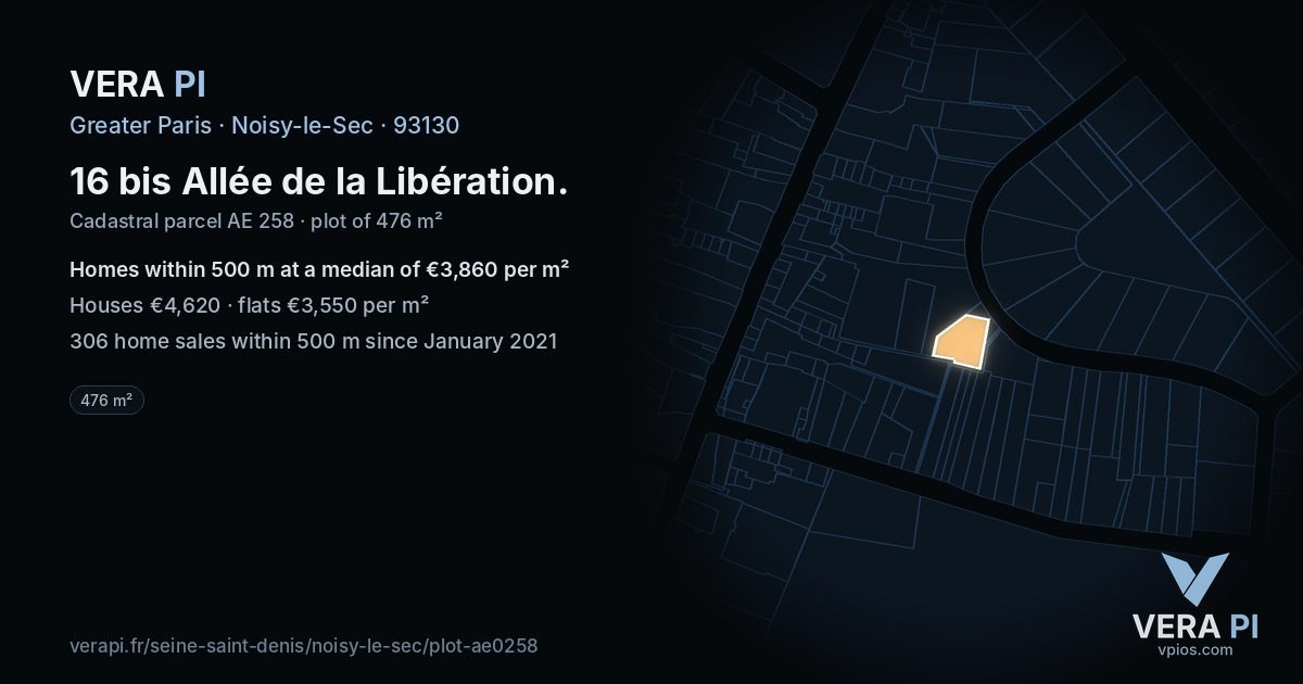 16 bis Allée de la Libération, Noisy-le-Sec at night – the plot lit, the parcels around coloured by the prices near them