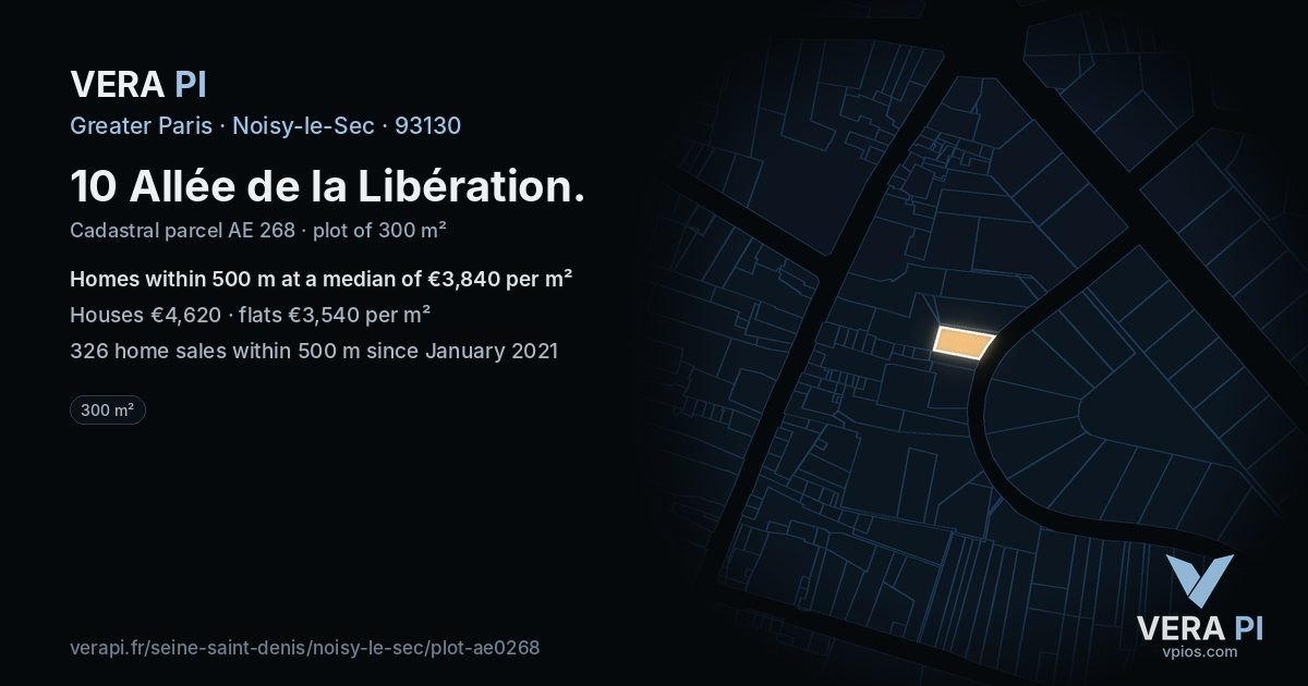 10 Allée de la Libération, Noisy-le-Sec at night – the plot lit, the parcels around coloured by the prices near them
