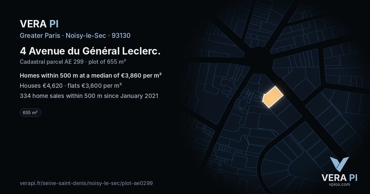 4 Avenue du Général Leclerc, Noisy-le-Sec at night – the plot lit, the parcels around coloured by the prices near them