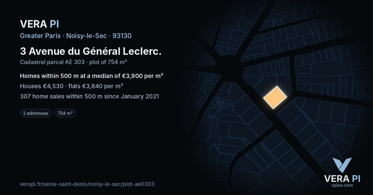 3 Avenue du Général Leclerc, Noisy-le-Sec at night – the plot lit, the parcels around coloured by the prices near them