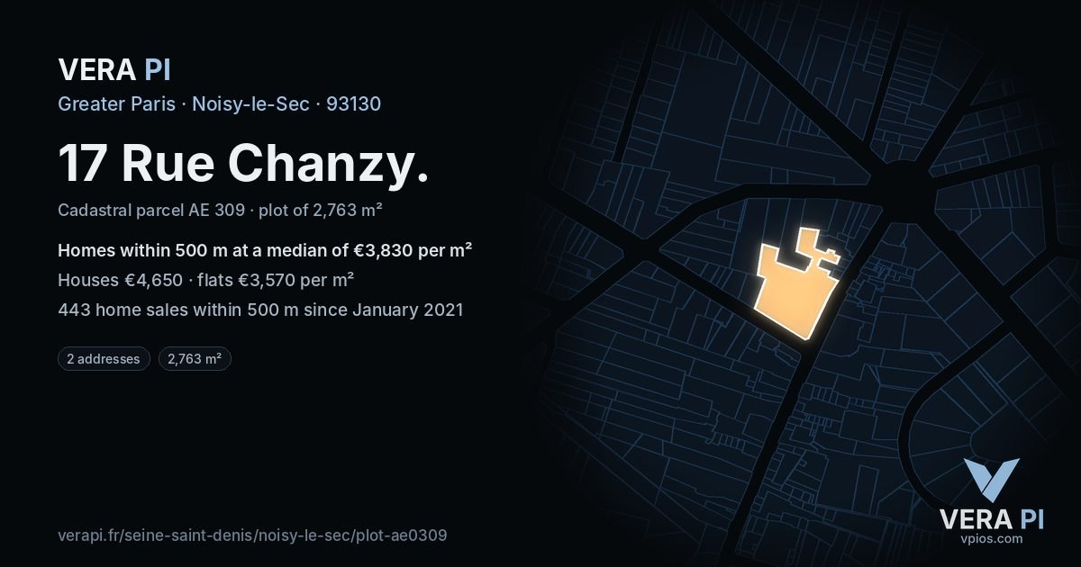 17 Rue Chanzy, Noisy-le-Sec at night – the plot lit, the parcels around coloured by the prices near them