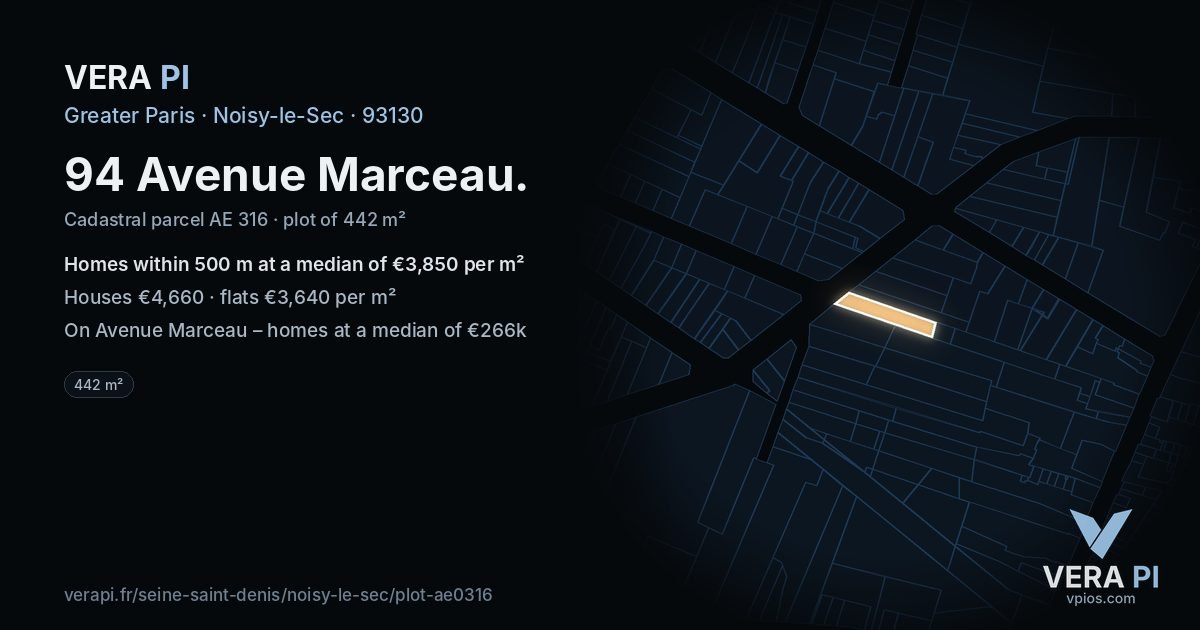 94 Avenue Marceau, Noisy-le-Sec at night – the plot lit, the parcels around coloured by the prices near them
