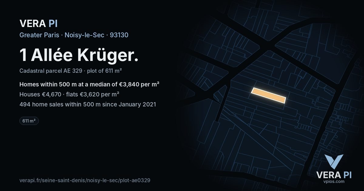 1 Allée Krüger, Noisy-le-Sec at night – the plot lit, the parcels around coloured by the prices near them