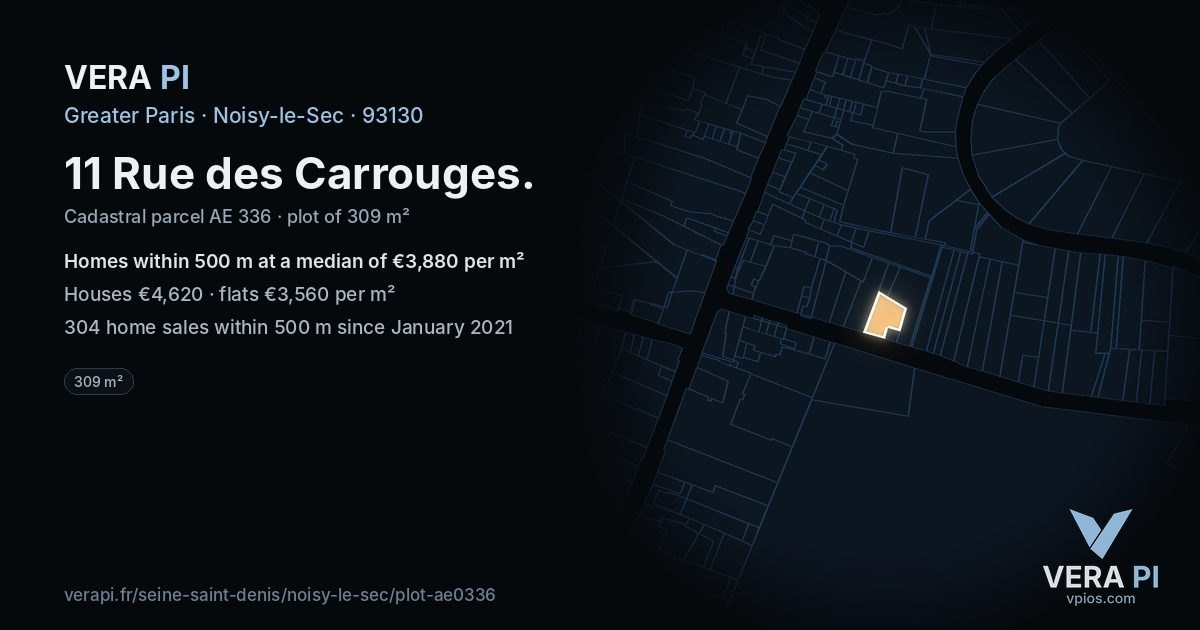 11 Rue des Carrouges, Noisy-le-Sec at night – the plot lit, the parcels around coloured by the prices near them