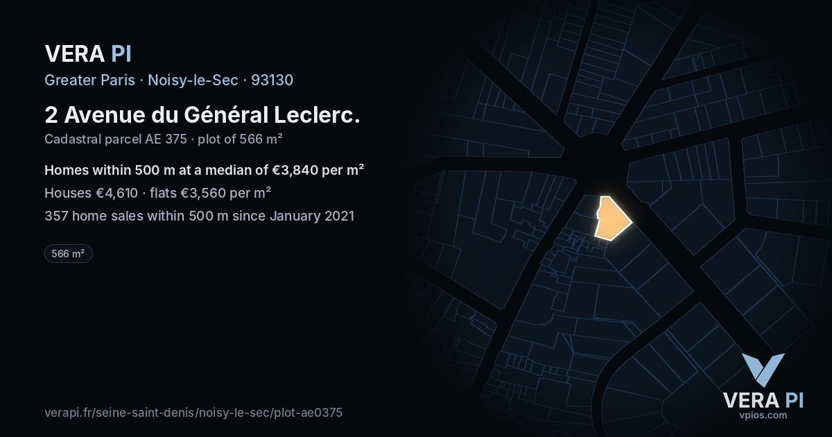 2 Avenue du Général Leclerc, Noisy-le-Sec at night – the plot lit, the parcels around coloured by the prices near them