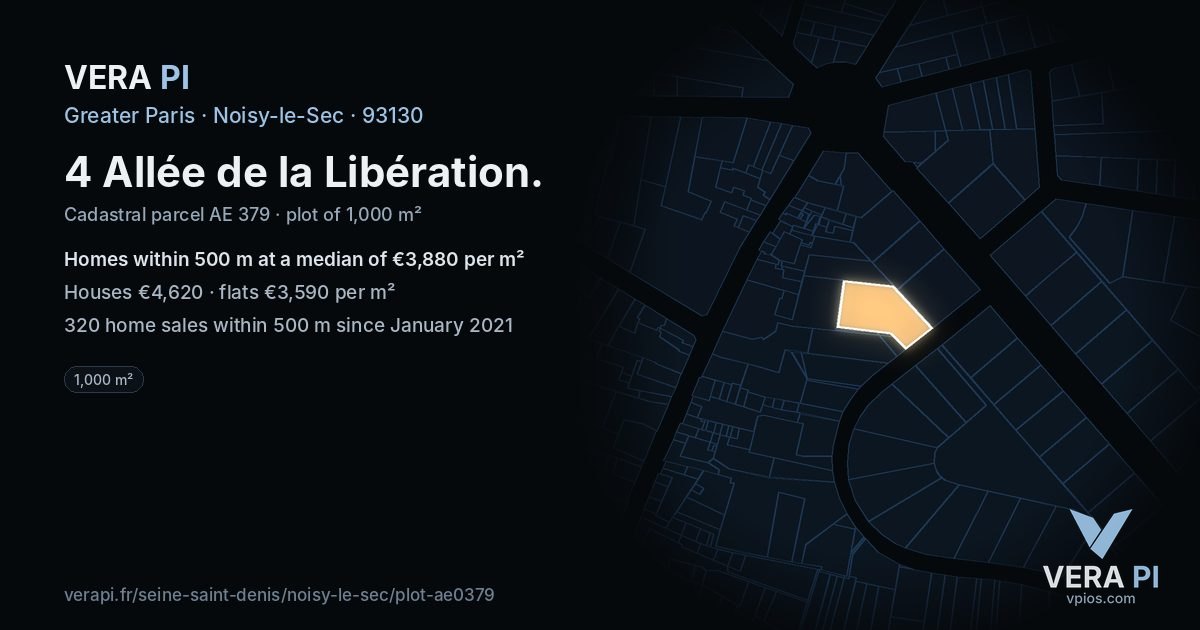 4 Allée de la Libération, Noisy-le-Sec at night – the plot lit, the parcels around coloured by the prices near them