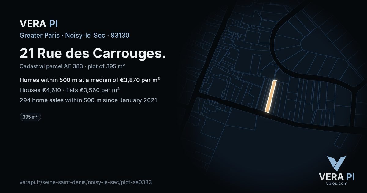 21 Rue des Carrouges, Noisy-le-Sec at night – the plot lit, the parcels around coloured by the prices near them