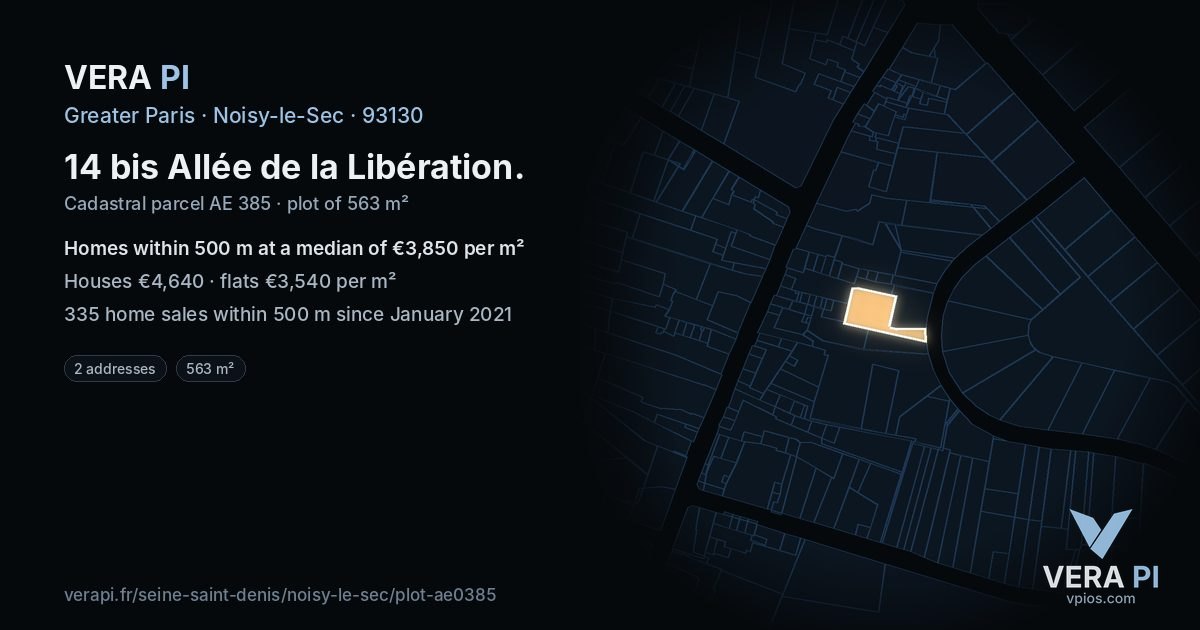 14 bis Allée de la Libération, Noisy-le-Sec at night – the plot lit, the parcels around coloured by the prices near them