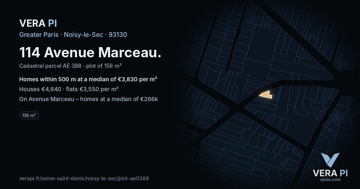 114 Avenue Marceau, Noisy-le-Sec at night – the plot lit, the parcels around coloured by the prices near them