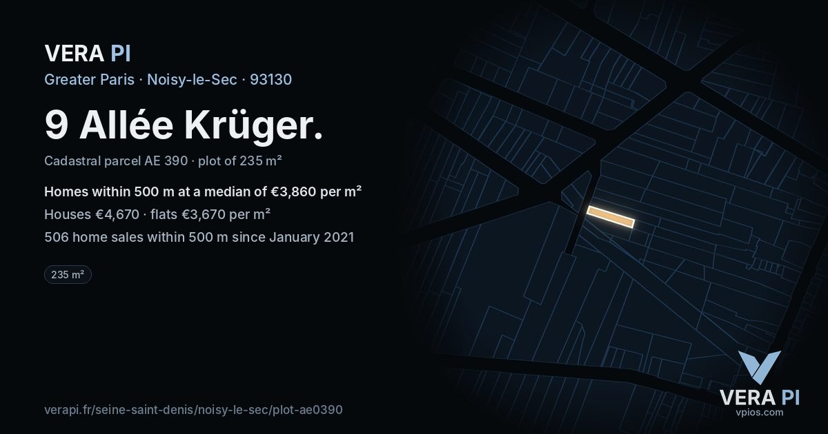 9 Allée Krüger, Noisy-le-Sec at night – the plot lit, the parcels around coloured by the prices near them