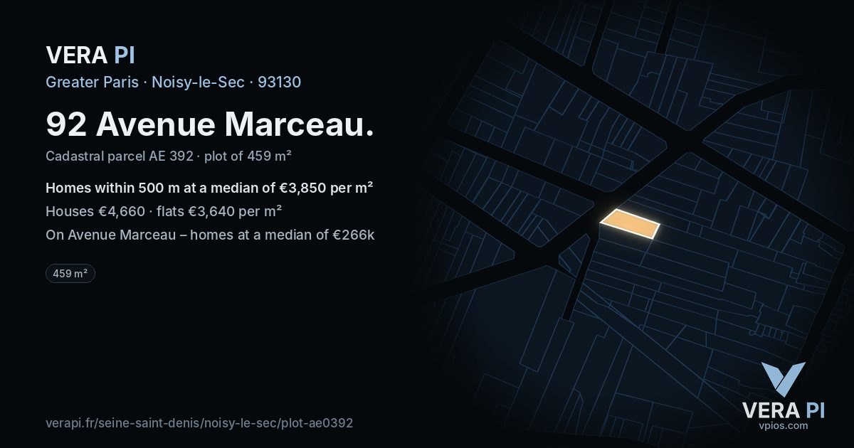 92 Avenue Marceau, Noisy-le-Sec at night – the plot lit, the parcels around coloured by the prices near them