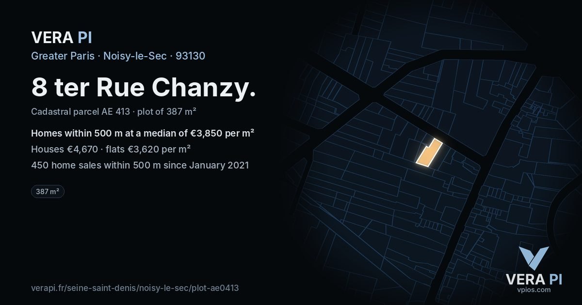 8 ter Rue Chanzy, Noisy-le-Sec at night – the plot lit, the parcels around coloured by the prices near them