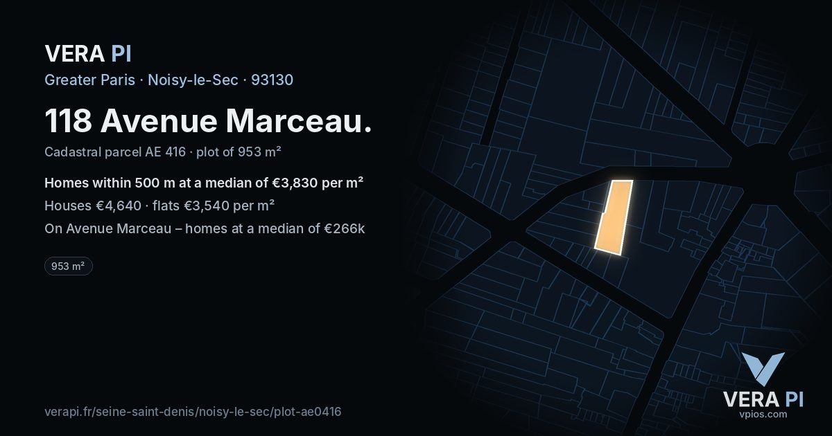 118 Avenue Marceau, Noisy-le-Sec at night – the plot lit, the parcels around coloured by the prices near them