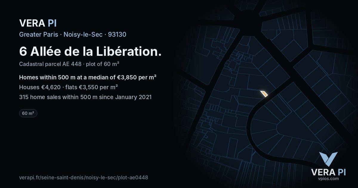 6 Allée de la Libération, Noisy-le-Sec at night – the plot lit, the parcels around coloured by the prices near them