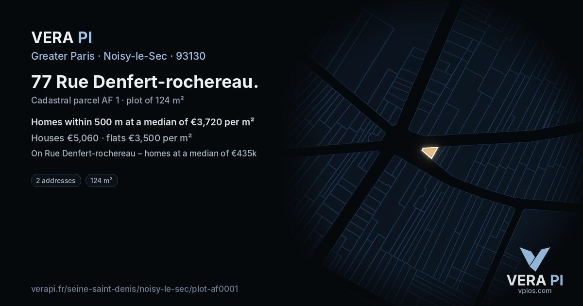 77 Rue Denfert-rochereau, Noisy-le-Sec at night – the plot lit, the parcels around coloured by the prices near them