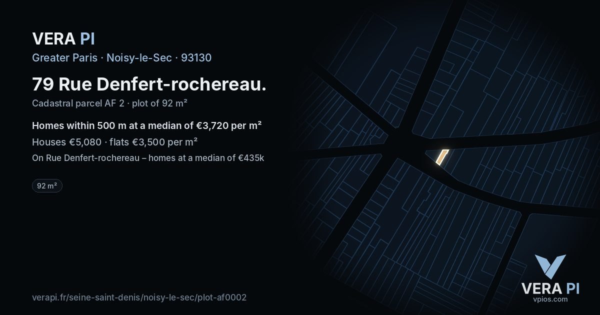 79 Rue Denfert-rochereau, Noisy-le-Sec at night – the plot lit, the parcels around coloured by the prices near them