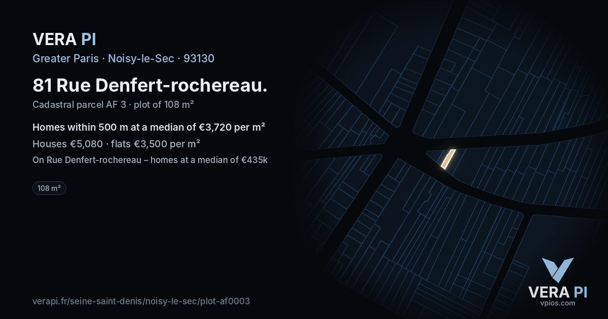 81 Rue Denfert-rochereau, Noisy-le-Sec at night – the plot lit, the parcels around coloured by the prices near them